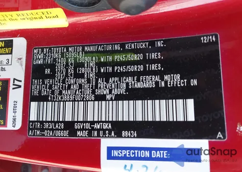 2015 Toyota Venza Xle V6 из США, поврежденный, VIN 4T3ZK3BB9FU072806